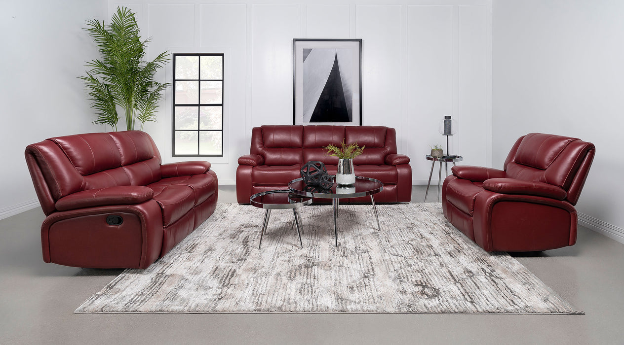 Camila Upholstered Reclining Sofa Set Red Faux Leather - Evans Furniture (CO)