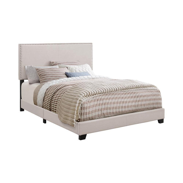 Boyd Eastern King Upholstered Bed with Nailhead Trim Ivory - Evans Furniture (CO)