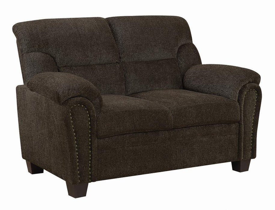 Clementine Upholstered Loveseat with Nailhead Trim Brown - Evans Furniture (CO)