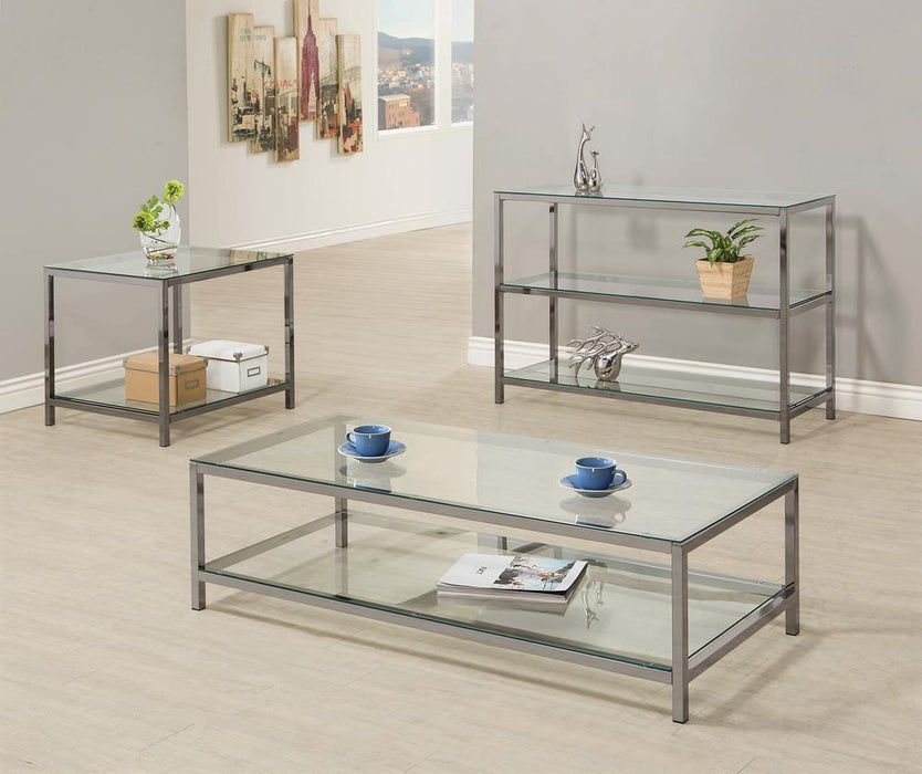 Trini Sofa Table with Glass Shelf Black Nickel - Evans Furniture (CO)