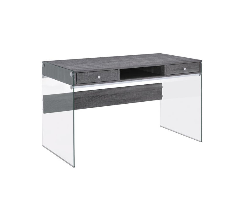 Dobrev 2-drawer Writing Desk Weathered Grey and Clear - Evans Furniture (CO)