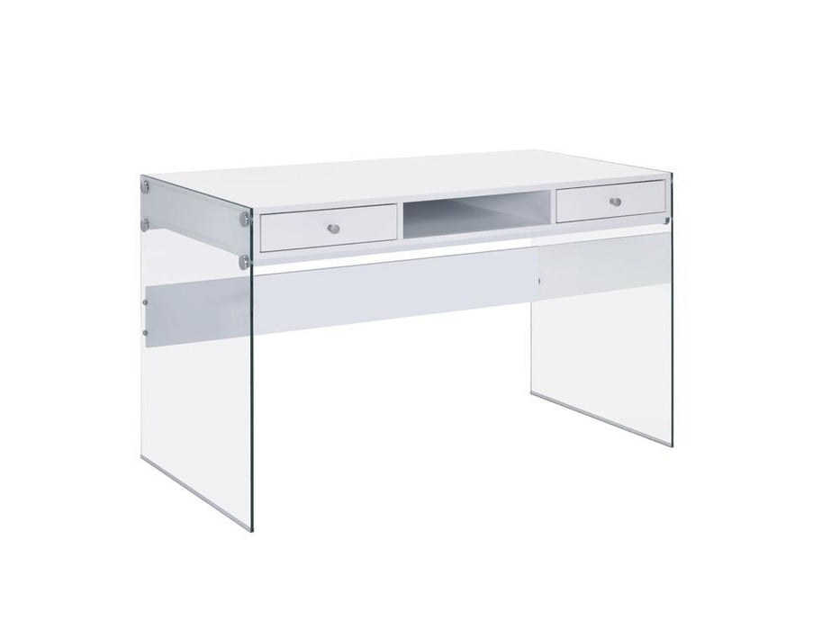 Dobrev 2-drawer Writing Desk Glossy White and Clear - Evans Furniture (CO)