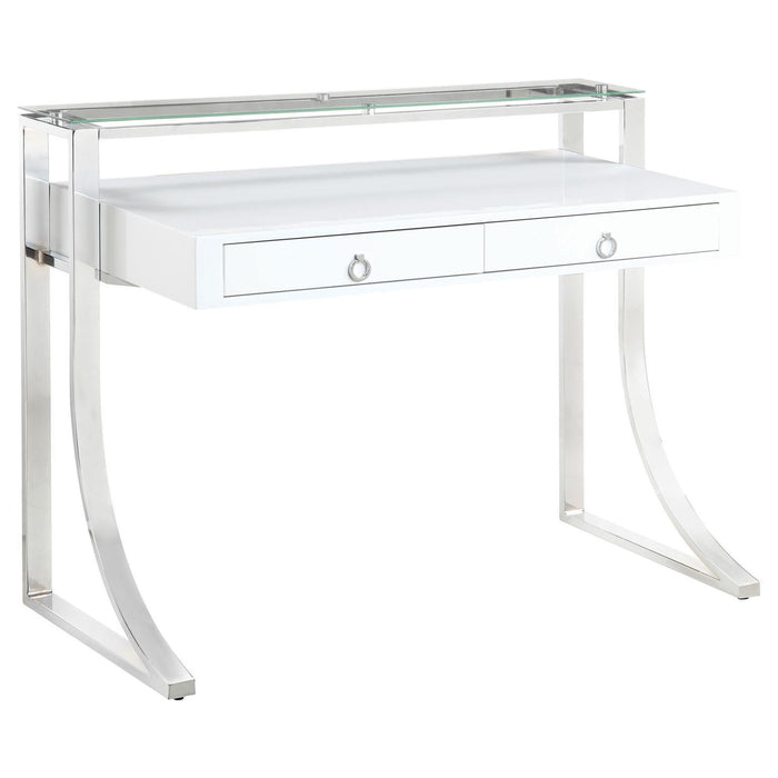 Gemma 2-drawer Writing Desk Glossy White and Chrome - Evans Furniture (CO)