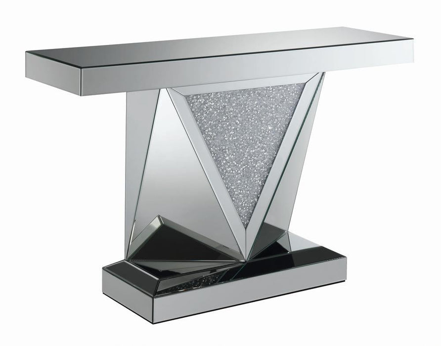 Amore Rectangular Sofa Table with Triangle Detailing Silver and Clear Mirror - Evans Furniture (CO)