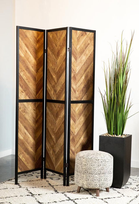 Marlene Herringbone Pattern 3-panel Screen Rustic Tobacco and Black - Evans Furniture (CO)