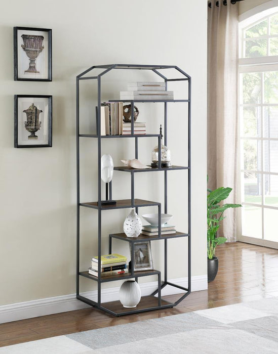 Leland 6-shelf Bookcase Rustic Brown and Dark Grey - Evans Furniture (CO)