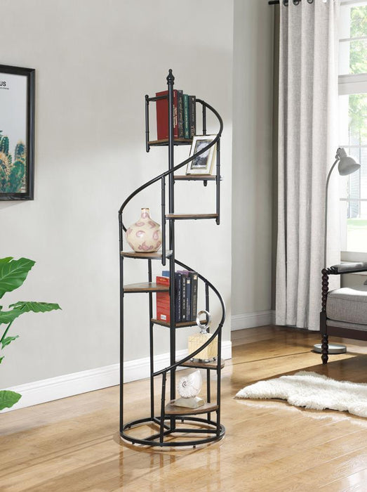 Roseglen 8-shelf Staircase Bookcase Rustic Brown and Black - Evans Furniture (CO)