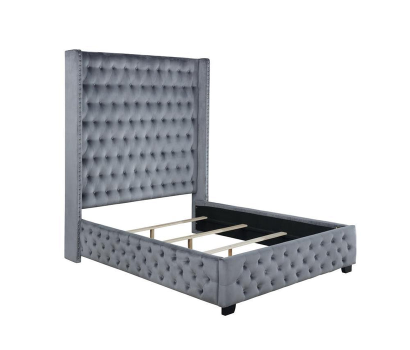 Rocori Eastern King Wingback Tufted Bed Grey - Evans Furniture (CO)