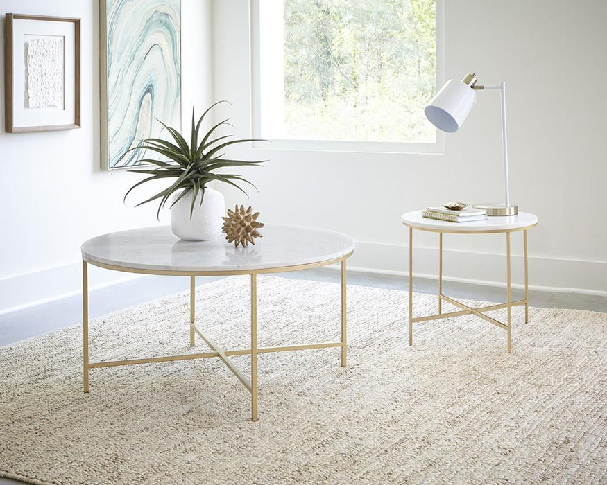 Ellison Round X-cross End Table White and Gold - Evans Furniture (CO)