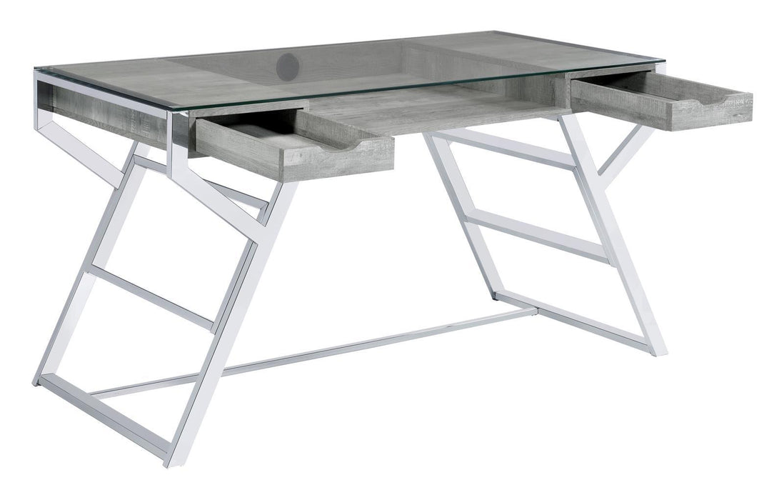 Emelle 2-drawer Glass Top Writing Desk Grey Driftwood and Chrome - Evans Furniture (CO)