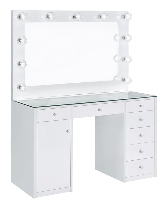 Percy 7-drawer Glass Top Vanity Desk with Lighting White - Evans Furniture (CO)