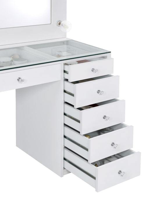 Percy 7-drawer Glass Top Vanity Desk with Lighting White - Evans Furniture (CO)