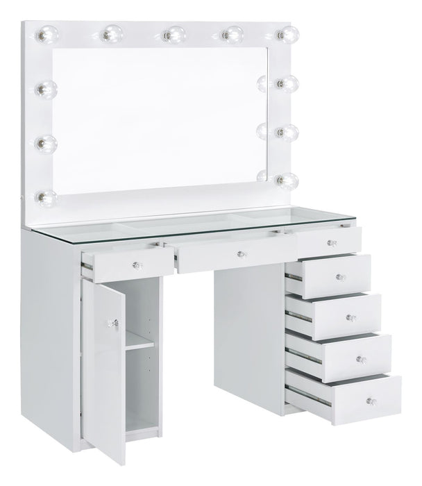 Percy 7-drawer Glass Top Vanity Desk with Lighting White - Evans Furniture (CO)