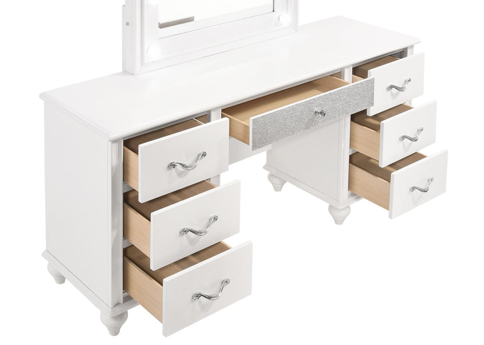 Barzini 7-drawer Vanity Desk with Lighted Mirror White - Evans Furniture (CO)